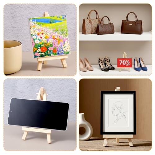 Mini Wooden Easel Stand 4PCS, 5 inch Table Top Display Easels for Painting Canvas, Small Tripod Holder for Art Craft, Mini Stand for Photos Business Cards Wedding