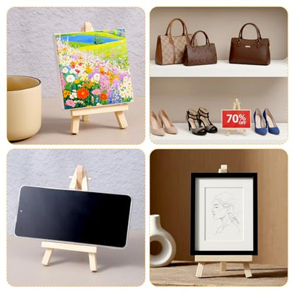 Mini Wooden Easel Stand 4PCS, 5 inch Table Top Display Easels for Painting Canvas, Small Tripod Holder for Art Craft, Mini Stand for Photos Business Cards Wedding