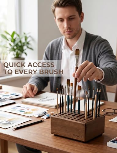 DUGATO Wooden Brush Holder, 59 Hole Desk Organizer with Rest Groove