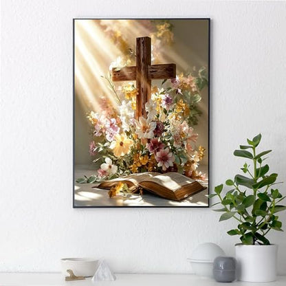 WNPOKN Religious Cross Diamond Art Kits for Adults 12 x 16inch | Cross with Flowers and Book 5D Diamond Painting Kits,Diamonds Dot Gem Art Craft Kits for Home Wall Decor