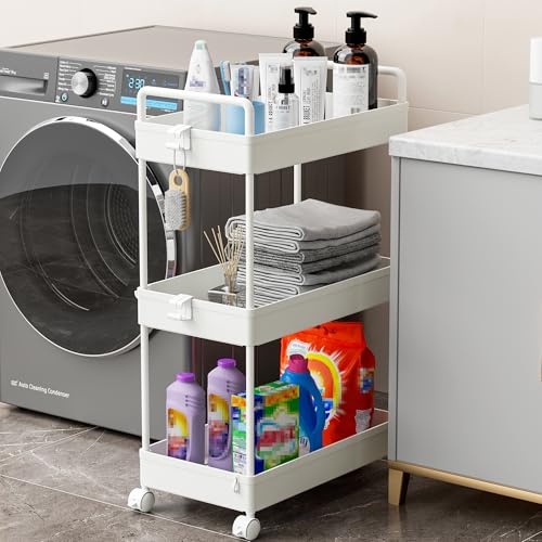 Ronlap 3 Tier Slim Rolling Storage Cart with Wheels Utility Organizer,White | For bathroom, laundry, kitchen, bedside & dorm. Fits art, craft, snack, makeup, nail, diaper & postpartum baby supplies - color: White