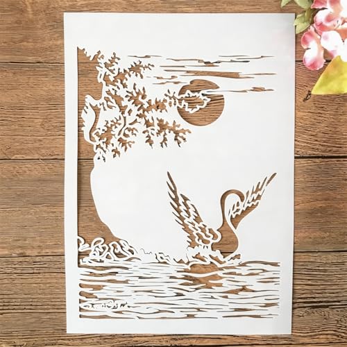 TIAMECH A4 Reusable Swan Lake Stencil for Painting | Spread Wings Swan Moon Layering Template, DIY Wall Art, Wood Furniture, Scrapbook & Crafts (8.3x11.7inch) - style: Swan Lake