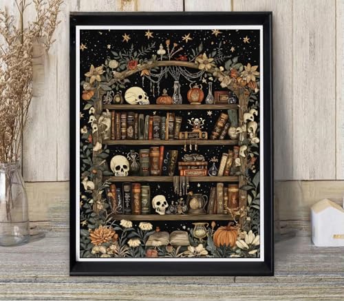 askkqtx Skull Diamond Art Kits for Adults Beginners 12X16 Inch | Goth Skull Bookshelf Diamond Painting Kits for Adult, Full Drill Crystal Rhinestone Gem Diamond Art Craft for Home Wall Decor - color: G7451