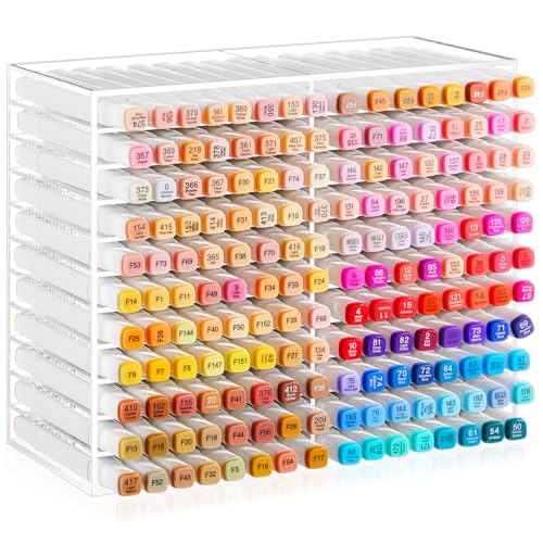 MotiMind Acrylic Marker Organizer for 176 Marker, Large Art Pencil Holder Storage Rack for Desk, Pens Art Brushes Display Stand with 22 Compartments for Desktop, Office (Clear, 176 Capacity) - size: 176 Capacity