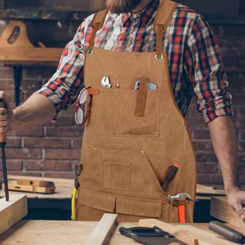Men's Canvas Tool Apron, Heavy Duty Multi-Pocket Work Apron for Woodworking Gardening Bartender Adjustable Straps - color: Khaki