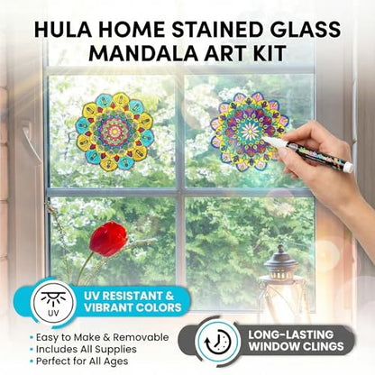 Hula Home Stained Glass Mandala Art Kit - DIY Window Clings with Markers, 10 Suncatchers - Perfect Hobby for Adults, Kids, Teens & Seniors - Ideal Gift for Beginners, Women & Elderly - size: Stained Glass Style - New Markers