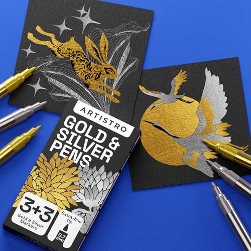 ARTISTRO 6 Gold & Silver Metallic Acrylic Paint Pens – 0.7mm Extra Fine Tip Paint Pens for Crafts, Rock Painting, Greeting Cards, Ornament Decor, DIY Art - color: Gold&Silver