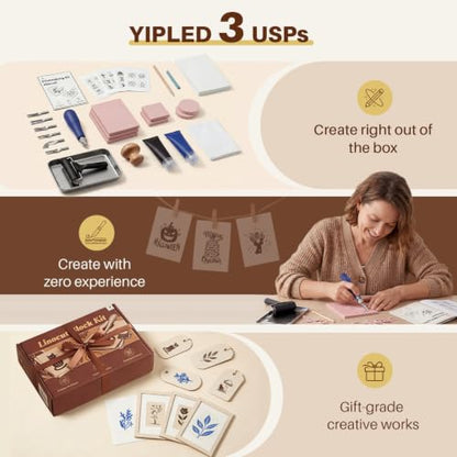 YIPLED 39-Piece Linoleum Carving Tools for Printmaking | Linocut Kit for Beginners – Stamp Carving Set with Lino Tools, Rubber Blocks, Inks & Manual for DIY Cards, Custom Stamp - color: kit-39