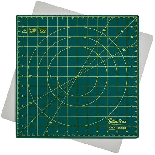 The Quilted Bear Quilter's Bundle - 12" x 12" Rotating Cutting Mat (Green), 6" x 12" Quilting Ruler & 45mm Rotary Cutter Bundle for Quilting & Crafting