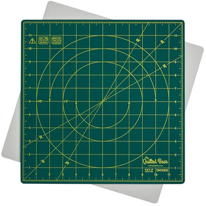 The Quilted Bear Quilter's Bundle - 12" x 12" Rotating Cutting Mat (Green), 6" x 12" Quilting Ruler & 45mm Rotary Cutter Bundle for Quilting & Crafting