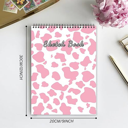 Deokke Sketchbook Top Spiral Bound Sketch Pad, 9 x 12 inch,100GSM Thick Paper,50 Sheets 100 Pages,Art Sketch Book Aesthetic Cute Drawing Writing Paper,for Girls Women-Pink Cow Pattern Western - color: A-2-Pink