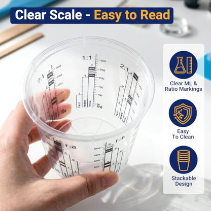 Gartful 30 Pack 10oz 320ml Clear Plastic Paint Mixing Cups with 30 Stir Sticks - Disposable Graduated Measuring Cups for Paint, Resin & Epoxy with ML Scale & 3-Column Ratios (1:1-7:1) for DIY Crafts - size: 10oz / 320ml