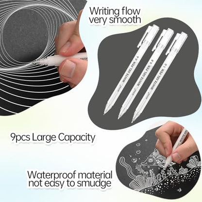 9 Pack White Gel Pens, 0.6/0.8/1.0mm Fine Point, Opaque Ink - size: 0.6/0.8/1.0mm