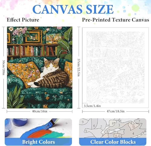 ZRIZQ Paint by Numbers Kit for Adults Beginner Animal,Cat Sofa,16x20 | Full set with wooden brushes,rolled canvas,rich paints.Calming activity.Beginner friendly.Just open and paint. - color: 16"X20"Rolled Canvas(Frameless)-Cat 1