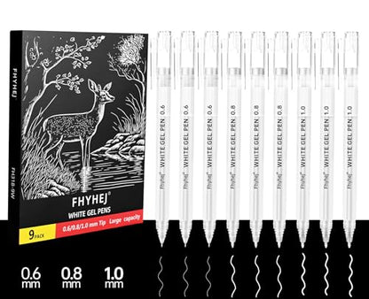 White Gel Pens,0.6/0.8/1mm Fine Point White Pens Set, 9 Pack | Opaque White Archival Ink Pen for Black Paper Drawing, Sketching, Illustration, Bullet Journaling - color: White, size: 0.6/0.8/1.0 mm