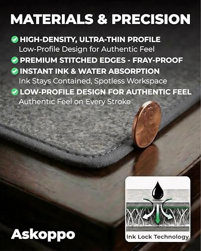 Premium Calligraphy Felt Mat (19.7" x 27.5") with Stitched Edges, Zero-Crease Roll Up Desk Pad & Blotter with Telescopic Matte Gold Tube, Ink Absorption for Sumi-e & Watercolor, Grey
