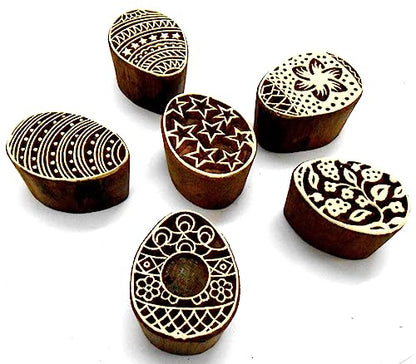 CraftsofIndia® Egg/Oval Wooden Blocks for Stamping, Block Printing on Textiles, Pottery Crafts,Henna, Wall Painting (Set of 6) - size: Pack # 101