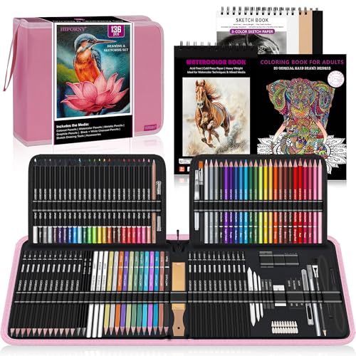 HIFORNY 136 PCS Drawing & Sketching Set,Pro Art Supplies with Graphite,Charcoal,Colored,Watercolor,Metallic Pencils,Blending Tools,Sketchbook,Watercolor Book and Coloring Book in Zipper Case (Pink) - color: Pink