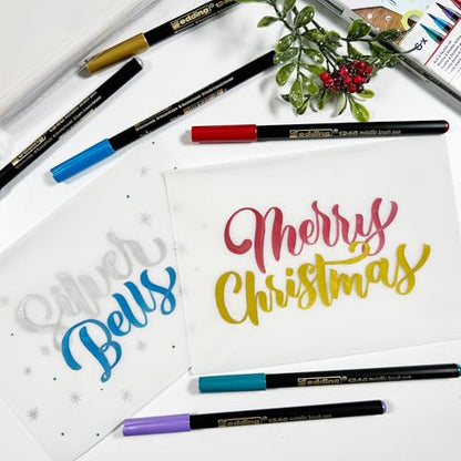 edding 1340 Metallic Brush Pen - Set of 6 pens - Flexible Brush Nib 1-6 mm - Glitter Metallic Marker for Lettering, Drawing and Sketching - high opcaity Even on Darker Paper - color: 27: Set of 6 - Metallic