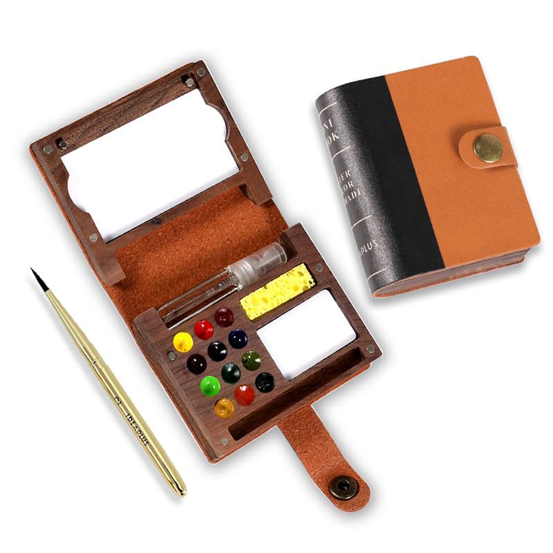 IDEAPLUS Walnut Folio Watercolor Kit, Leather Cover 12-Well Wood Travel Paint Set, Includes Collapsible Brass Brush, Spray Bottle, Sponge, Portable Art Sketching Box for Artists