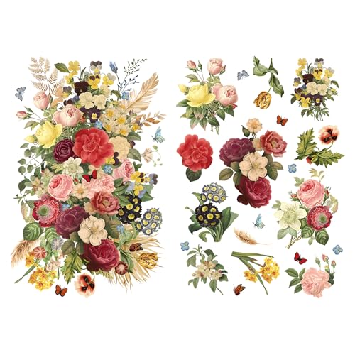 Joeyan Mixed Bouquets Rub On Transfers for Furniture and Crafts, 2 Large Flower Design Sheets 12''x18'', DIY Home Decal on Wood Glass Metal Canvas Porcelain Paper Plastic, Beauty and Fascination - style: Beauty and Fascination