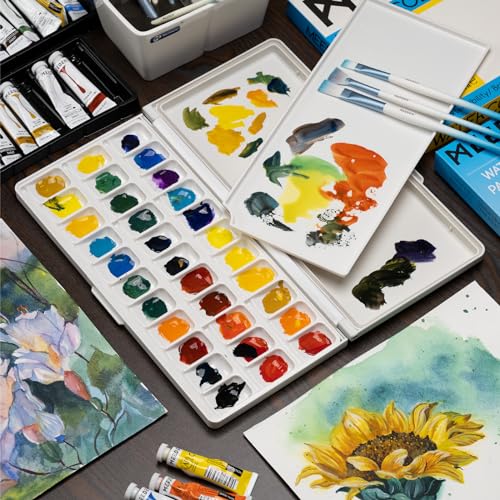 MEEDEN Watercolor Palette with Lid: 33 Wells Airtight Folding Paint Palette | Leakproof Palette with Large Mixing Tray - Empty Acrylic Painting Art Pallet 12.5"x 6.5", Yellow - color: Yellow