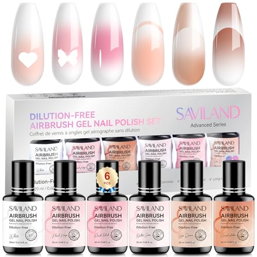 SAVILAND Dilution-Free Airbrush Gel Nail Polish: 6PCS 20ml White Pink Nude Airbrush Paint for Nails 0-Acetone Non-Toxic Airbrush for Nails Gel 28 Days Lasting for Ombre French Nail Art Party - color: Pink Nude