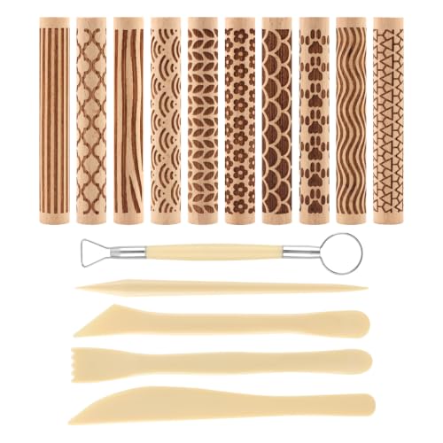 10-Pack Wooden Clay Texture Rollers Set with 5 Pcs Sculpting Tools
