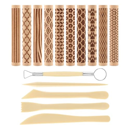 10-Pack Wooden Clay Texture Rollers Set with 5 Pcs Sculpting Tools