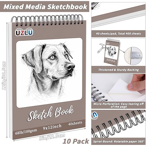 10 Pcs Sketch Book Bulk 9 x 12 in 400 Sheets Top Spiral Bound Sketch Pad Drawing Paper 40 Sheets Each Acid Free Mixed Media Sketchbook 68lb/100gsm Art Supplies for Beginner Artist - size: 9x12in