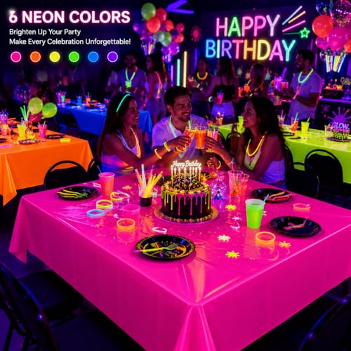 6 Pack Neon Table Cloths, Pink Orange Yellow Green Blue Purple Glow in The Dark Plastic Tablecloth, Disposable Rainbow Table Cover for Glow in Dark Neon Party Supplies Decorations (6)