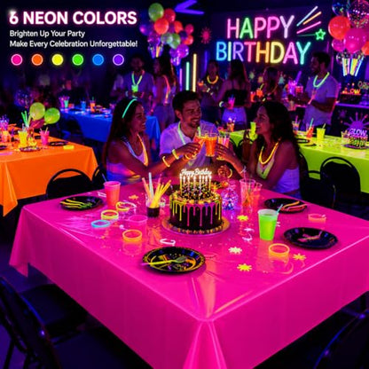 6 Pack Neon Table Cloths, Pink Orange Yellow Green Blue Purple Glow in The Dark Plastic Tablecloth, Disposable Rainbow Table Cover for Glow in Dark Neon Party Supplies Decorations (6)
