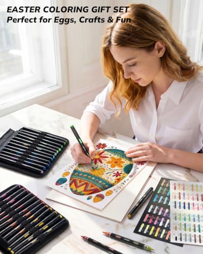 JusArt Acrylic Paint Markers 96 Colors, 48 Dual-Tip Brush Markers, No Bleed | Water Based Markers with Automatic Ink Control for Wood, Rocks, Fabric, Canvas, Glass, Eggs, Coloring Books & DIY Crafts