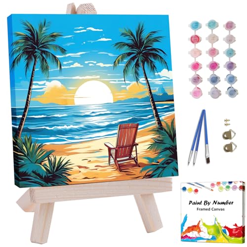 Artunion Framed Paint by Numbers Kit for Adults Beginners & Kids Ages 8-12,Summer Beach Paint by Number with Frame,Sunset Beach Paint by Numbers Kit on Canvas 10 * 10 Inch Without Easel - color: ZXT-242-F
