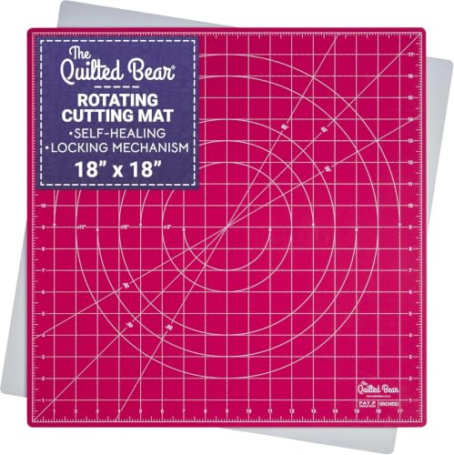 The Quilted Bear Rotating Cutting Mat 18" x 18" - Square 360° Rotating Self Healing Mat with Innovative Locking Mechanism for Quilting & Sewing Your Choice of Colours Available! (Pink) | Square Mat, 360° Rotation, Locking Mechanism, 5-Layer Surface, Non-S