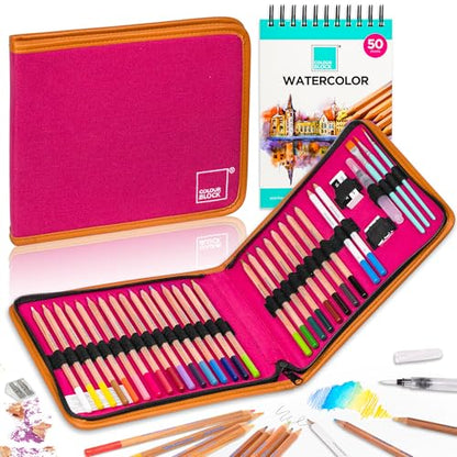 COLOUR BLOCK Watercolor Pencil Travel Art Set 34 PCS, Professional Drawing Kit, 50 Sheets Drawing Pad, Paint Brushes I Vibrant Pigments for Coloring and Blending