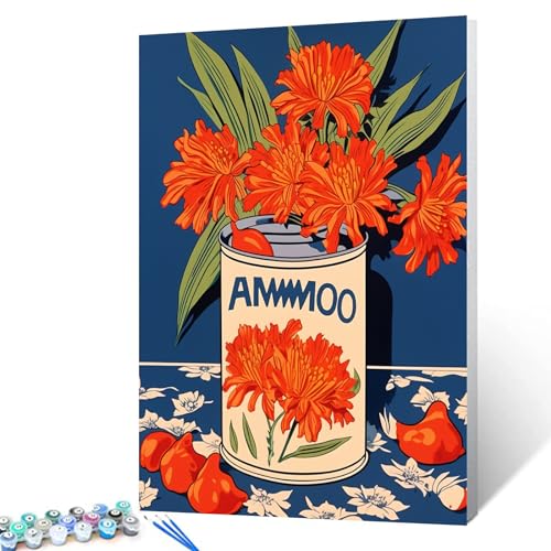 Red Floral Flowers Green Leaves in a Tin Can Oil Painting Paint by Number Kits 16 x 20 inch Canvas Red Flowers DIY Painting for Kid Students Adult Beginner with Brushes Acrylic Pigment(DIY Frame) - color: Floral in Tin 03, size: 16''x20''(DIY Frame)