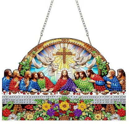 STGLCR Religious Diamond Art Hanging Kit for Adult The Last Supper,Special Shaped DIY Acrylic Jesus Christ Cross Diamond Art Painting Window Pendants Home Garden Wall Hanging Kits Hanging Ornament - color: The Last Supper flower