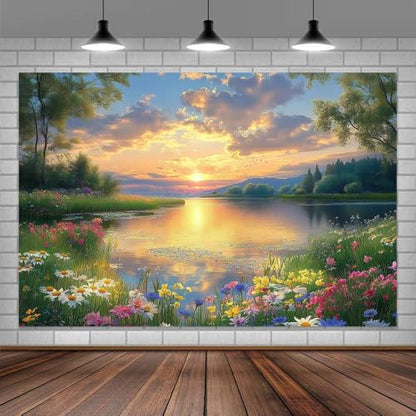 8X6ft Lake Natural Scenery Backdrop Spring Natural Scenery Flowers Landscape Mountain Forest Trees Flower Blue Sky Photography Background Picnic Camping Hiking Spring Travel Vacation Backdrop - color: Green, size: 8x6FT