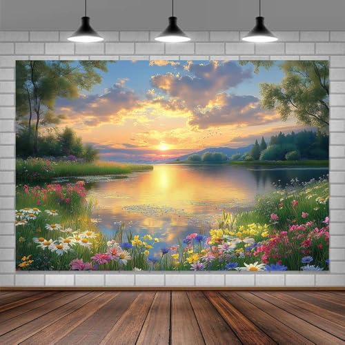 10X8ft Lake Natural Scenery Backdrop Spring Natural Scenery Flowers Landscape Mountain Forest Trees Flower Blue Sky Photography Background Picnic Camping Hiking Spring Travel Vacation Backdrop - color: Green, size: 10X8FT