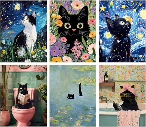 6 Pack Black Cat Diamond Art Kits for Adults - Animal Diamond Painting Kits | 5D Dimond Art Paintings DIY Round Diamond Dots Full Drill Gem Art Craft Kit for Home Decor and Gifts 12X16 inch - color: Cat-4 PACK
