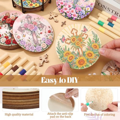 Reallnaive 77 Pcs Cross Coasters Painting Kit, 20 Set Christian Wooden Drink Coasters 4 Inch with Holder & Markers Boho DIY Crafts for Adults, Women, Hobby, Color Your Own Art Craft Supplies - style: Christian
