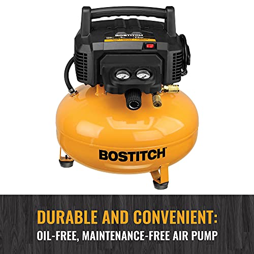 BOSTITCH Air Compressor Kit, Oil-Free, 6 Gallon, 150 PSI, Quiet Lightweight Pancake Air Compressor (BTFP02012-WPK)