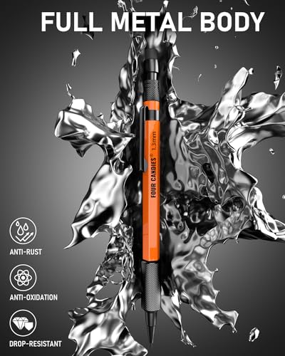 Four Candies 3PCS 1.3mm Metal Mechanical Pencil Set with Case (Orange) | 72 Refills (Red,Black,Yellow), 3 Erasers, 16 Eraser Refills, Weatherproof Body for Construction Outdoor Woodworking Marking - size: 3-Pack, style: Orange