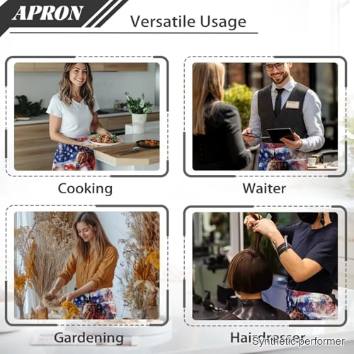 Waist Apron with 3 Pockets Waterproof 13 Inch Short Half Waist Aprons Women Men Server Aprons Waitress Waiter Apron - color: American Flag Horse Print