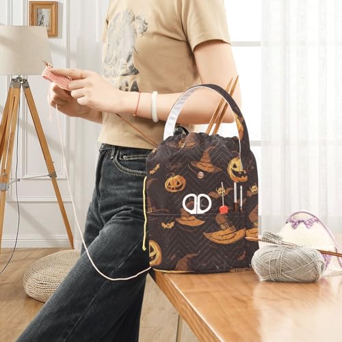 Yarn Bag Small Crochet Bag Drawstring Yarn Storage Organizer Knitting Project Bags Potable Yarn Holder with Holes Handle Crocheting Needles Knitting Accessories Brown Witch Hat Bat Halloween - color: Brown Witch Hat Bat Halloween