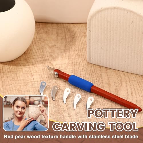Lanties Pottery Carving Tools Set Include 5 Stainless Steel Blades & Red Pear Wood Handle, Sculpture Scraper Craft Modelling Tools for Clay, Ceramic Sculpting, Graffito, Relief Art (V-tip) - style: V-tip