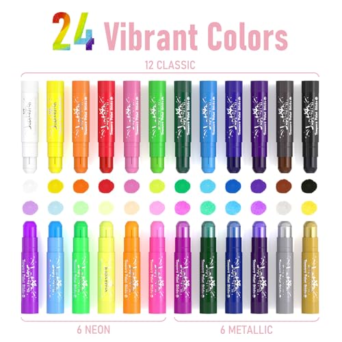 JUPITEARTH Tempera Paint Sticks for Kids, Quick Drying, 24 Colors | Non-Toxic and Washable Paint Sticks, 120 PDF Coloring Pages and 30 Stickers, Smooth, Mess-Free Art Supplies for Crafts - color: 24 Colors (Classic, Neon, Metallic)