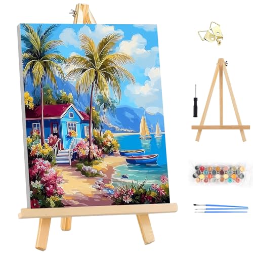 EOBROMD Framed Paint by Numbers Kits for Adults - Wooden Easel, Landscape Beach DIY Kits Crafts for Beginner, Painting on Stretched Canvas, Oil Paint by Numbers for Home Decor Gift 10x14 Inch - color: LG023