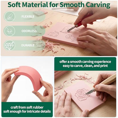Yauhar 15Pcs 4" x 6" Linocut Carving Kit for Beginner, Pink Rubber Linoleum Printing Blocks, Hobby Crafting Kits Birthday Gift for Printmaking, Stamp Making, and DIY Art Projects